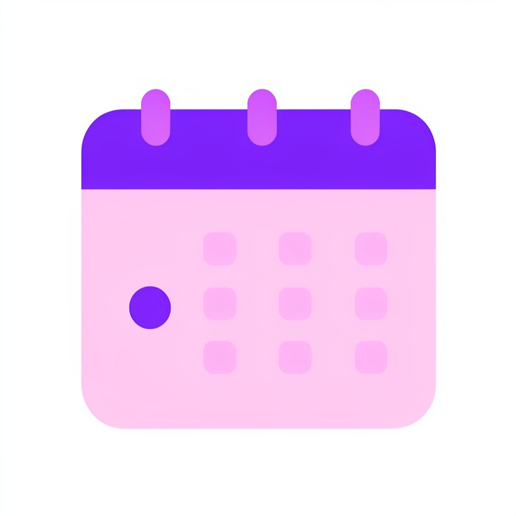 Flat vector icon: a simple calendar page in soft pink with a purple accent dot