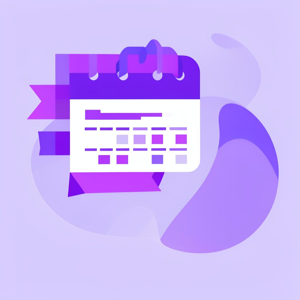 Flat vector illustration of abstract event planning elements: calendar pages, decorative ribbons, and soft purple gradient shapes floating on a cream background