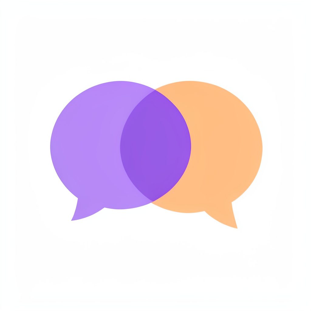 Flat vector icon: two overlapping chat bubbles in lavender and soft orange