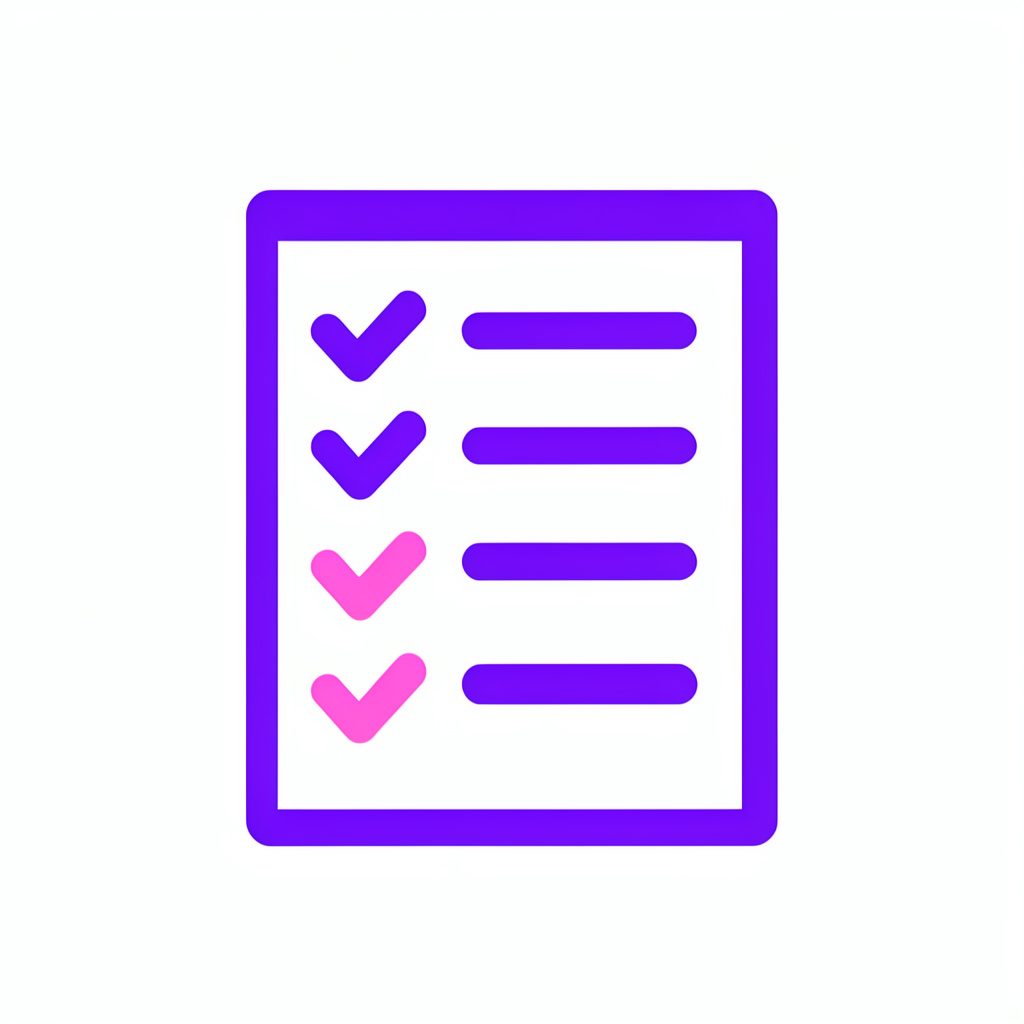 Flat vector icon: a checklist with checkmarks in purple and pink, conveying organization and planning