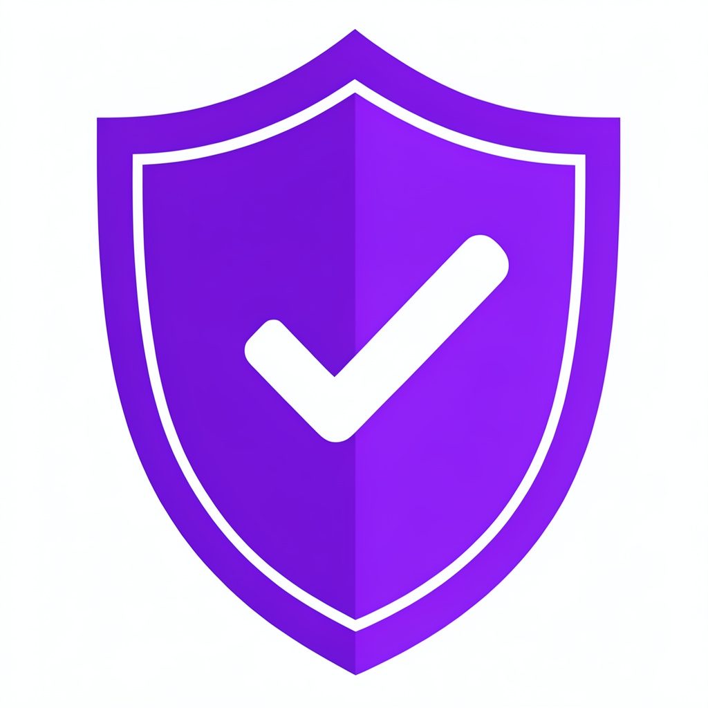 Flat vector icon: a shield with a checkmark in white, representing trust and verification